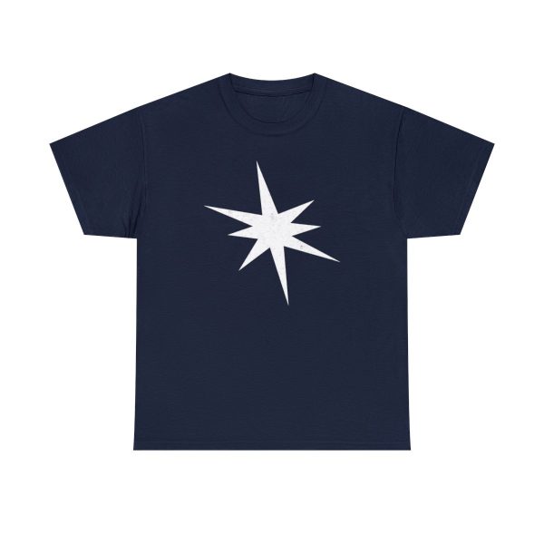 The star ray symbol of Erevan Ilesere, the elven god of mischief and rogue, on a navy blue shirt