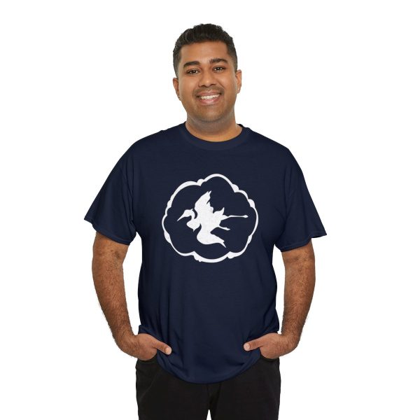 A shirt with the symbol of Aerdrie Faenya, a bird in a cloud. The goddess of air and freedom. Her symbol on a navy blue shirt worn by a man
