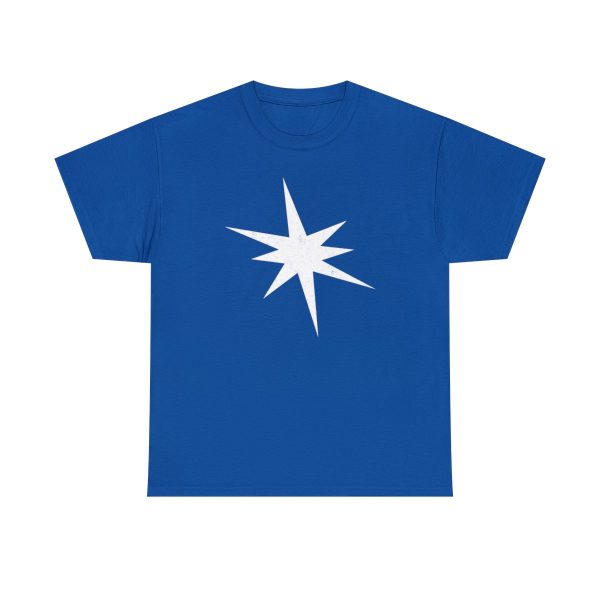 The star ray symbol of Erevan Ilesere, the elven god of mischief and rogue, on a royal blue shirt