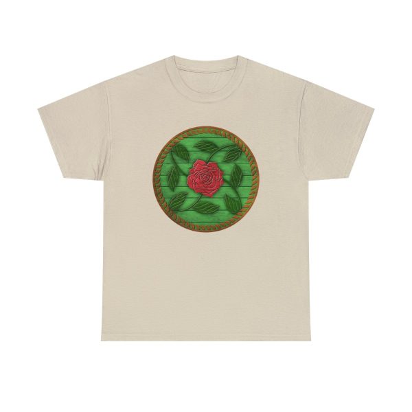 The symbol of Chauntea on a shield, a blooming rose on a sunburst wreath of golden grain. Chauntea is the goddess of life and agriculture. On sand tan shirt