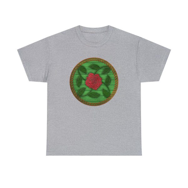 The symbol of Chauntea on a shield, a blooming rose on a sunburst wreath of golden grain. Chauntea is the goddess of life and agriculture. On sport gray shirt