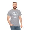 A shirt with the symbol of Aerdrie Faenya, a bird in a cloud. The goddess of air and freedom. Her symbol on a sport gray shirt worn by a woman