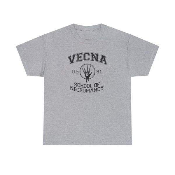 A weathered sport gray shirt with the Vecna School of Necromancy