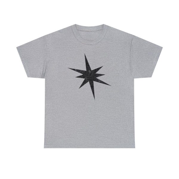 The star ray symbol of Erevan Ilesere, the elven god of mischief and rogue, on a sport gray shirt
