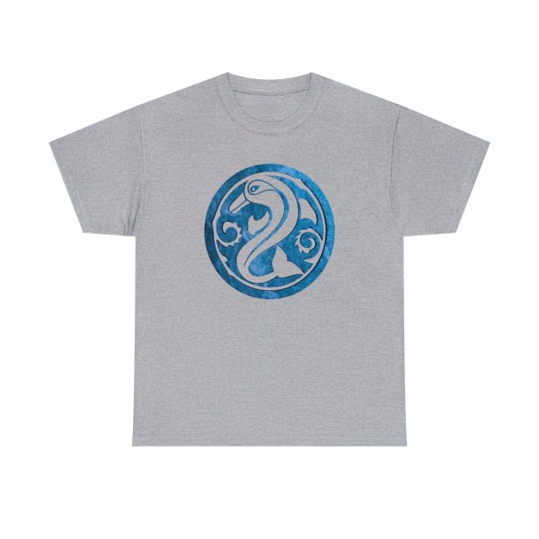 A shirt with the symbol of Deep Sashelas, a jumping dolphin. The god of the aquatic elves. On a sport gray shirt