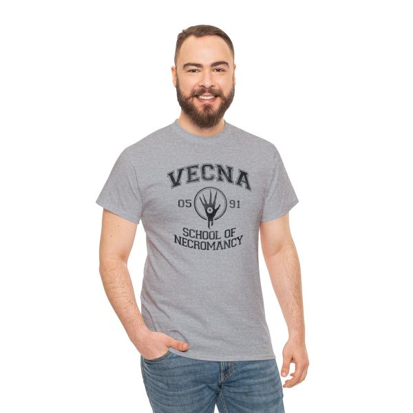 A weathered sport gray shirt with the Vecna School of Necromancy, worn by a man