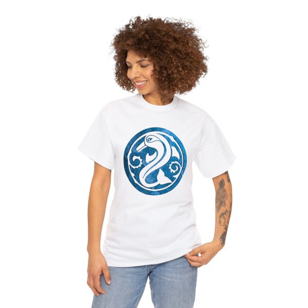 A shirt with the symbol of Deep Sashelas, a jumping dolphin. The god of the aquatic elves. On a white shirt worn by a woman