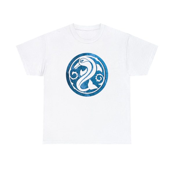 A shirt with the symbol of Deep Sashelas, a jumping dolphin. The god of the aquatic elves. On a white shirt