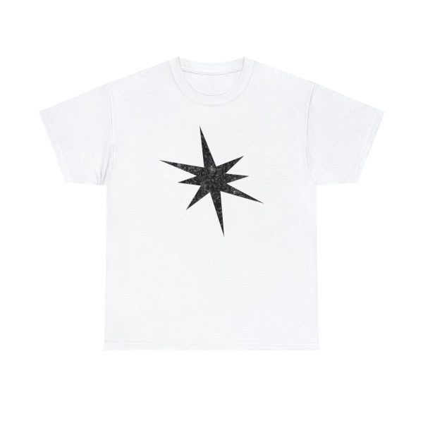 The star ray symbol of Erevan Ilesere, the elven god of mischief and rogue, on a white shirt