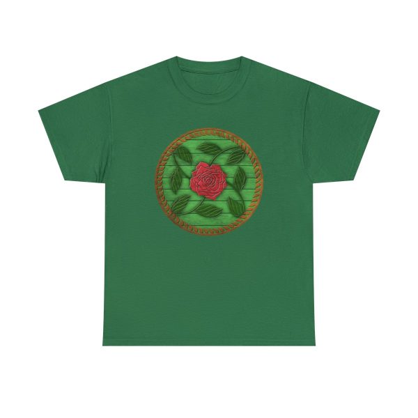 The symbol of Chauntea on a shield, a blooming rose on a sunburst wreath of golden grain. Chauntea is the goddess of life and agriculture. On turf green shirt