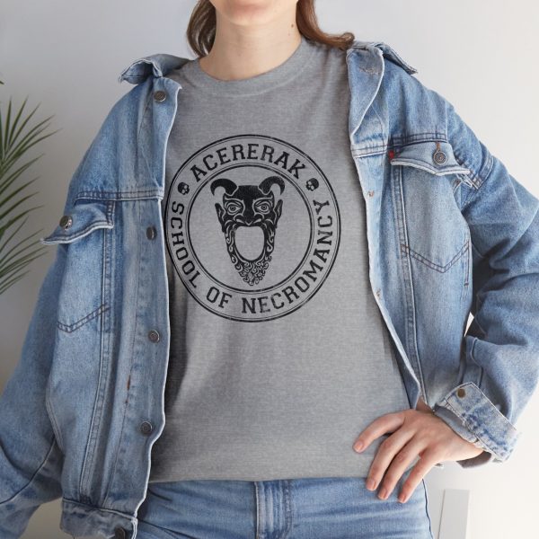 A fun collegiate shirt for Acererak's School of Necromancy - Acererak is a famous undead Lich and villain in DnD. This is a sport gray shirt worn by a woman under a jean jacket