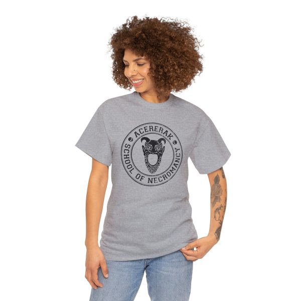 A fun collegiate shirt for Acererak's School of Necromancy - Acererak is a famous undead Lich and villain in DnD. This is a sport gray shirt worn by a woman.