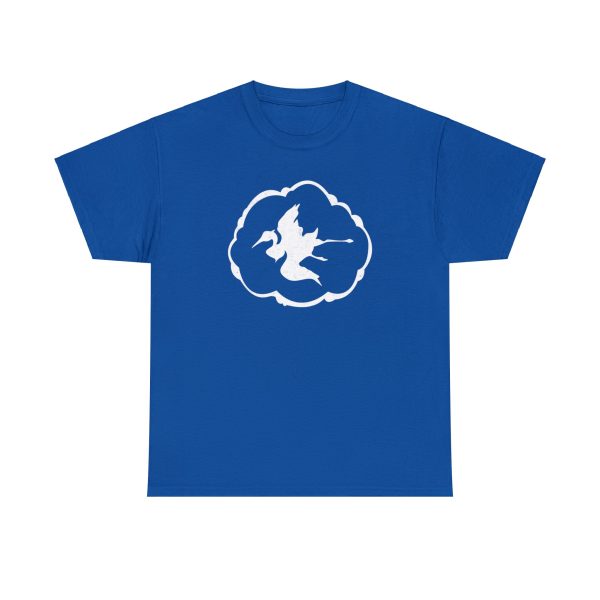 A shirt with the symbol of Aerdrie Faenya, a bird in a cloud. The goddess of air and freedom. Her symbol on a royal blue shirt