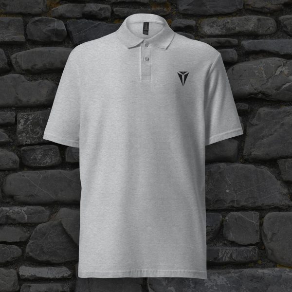 A sport grey DnD polo shirt with the symbol of Asmodeus, Archdevil and the Prince of Hell.