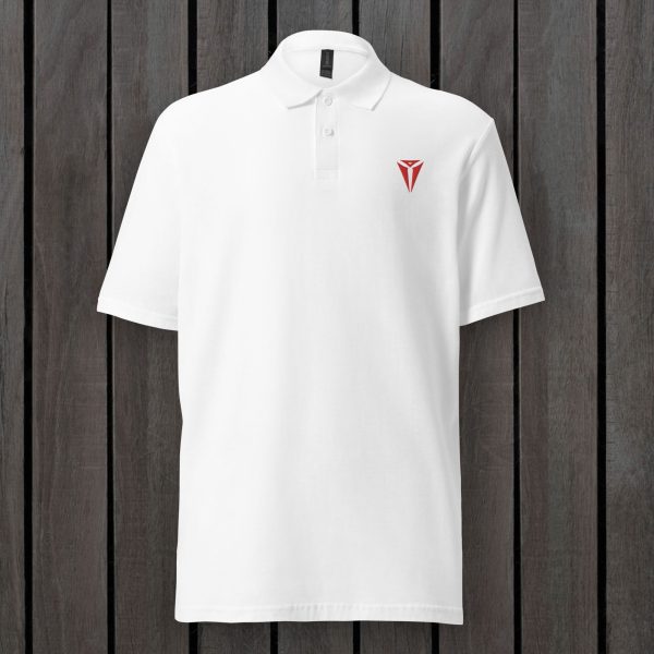 A white DnD polo shirt with the symbol of Asmodeus, Archdevil and the Prince of Hell.