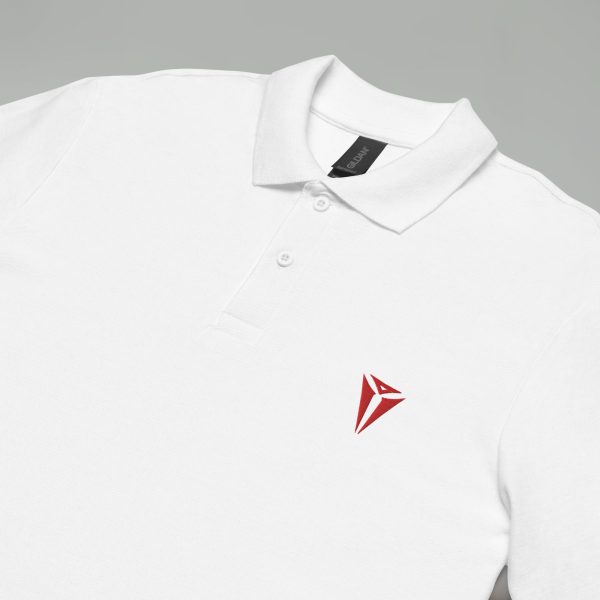 A white DnD polo shirt with the symbol of Asmodeus, Archdevil and the Prince of Hell. Shirt is sitting on a grey table.