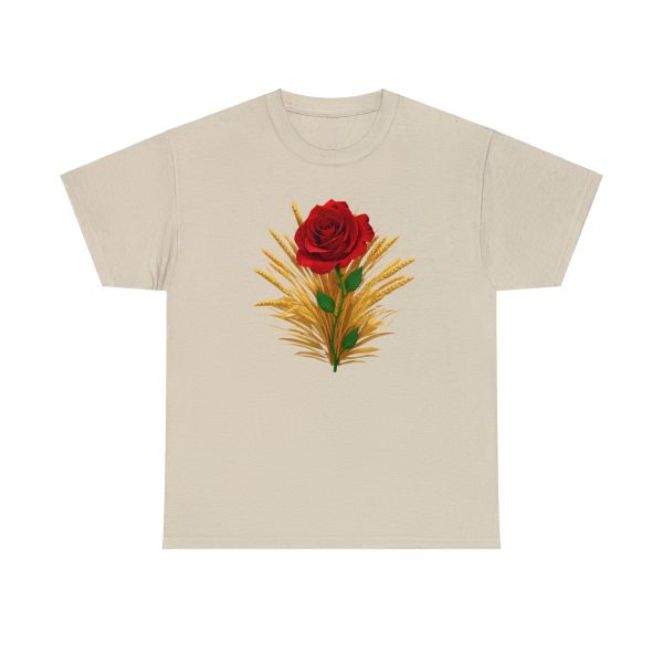 The symbol of Chauntea, a blooming rose on a sunburst wreath of golden grain. Chauntea is the goddess of life and agriculture. On a tan sand colored shirt.