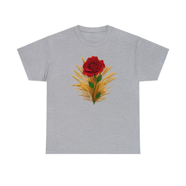 The symbol of Chauntea, a blooming rose on a sunburst wreath of golden grain. Chauntea is the goddess of life and agriculture. On a sport gray colored shirt.