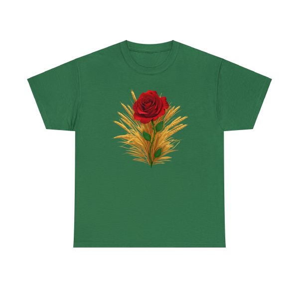 The symbol of Chauntea, a blooming rose on a sunburst wreath of golden grain. Chauntea is the goddess of life and agriculture. On a turf green shirt.