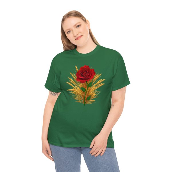 The symbol of Chauntea, a blooming rose on a sunburst wreath of golden grain. Chauntea is the goddess of life and agriculture. On a turf green shirt worn by a woman.