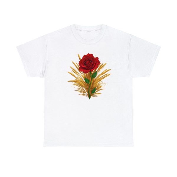 The symbol of Chauntea, a blooming rose on a sunburst wreath of golden grain. Chauntea is the goddess of life and agriculture. On a white shirt.