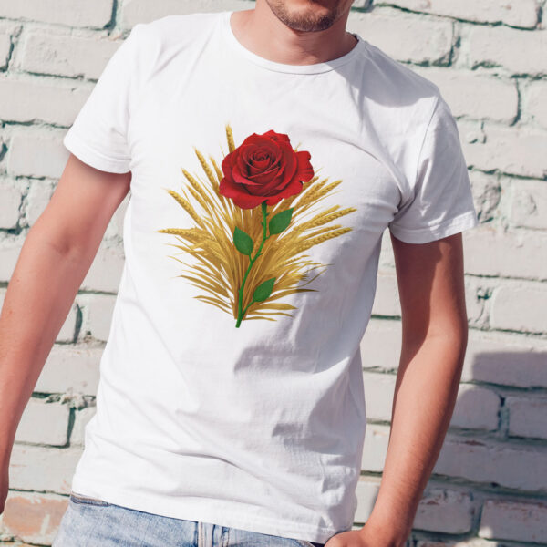 The symbol of Chauntea, a blooming rose on a sunburst wreath of golden grain. Chauntea is the goddess of life and agriculture. On a white shirt worn by a man against a wall.