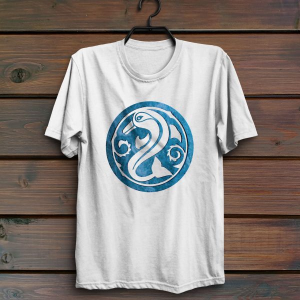 A shirt with the symbol of Deep Sashelas, a jumping dolphin. The god of the aquatic elves. On a white shirt, hanging on wall.