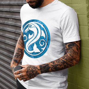A shirt with the symbol of Deep Sashelas, a jumping dolphin. The god of the aquatic elves. On a white shirt worn by a man