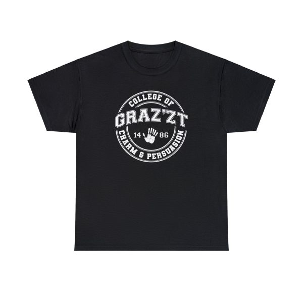 A fun collegiate shirt for Grazzt's College of Charm and Persuation - Grazzt is a gorgeous demon lord that rule through charm and manipulation. This is a black shirt