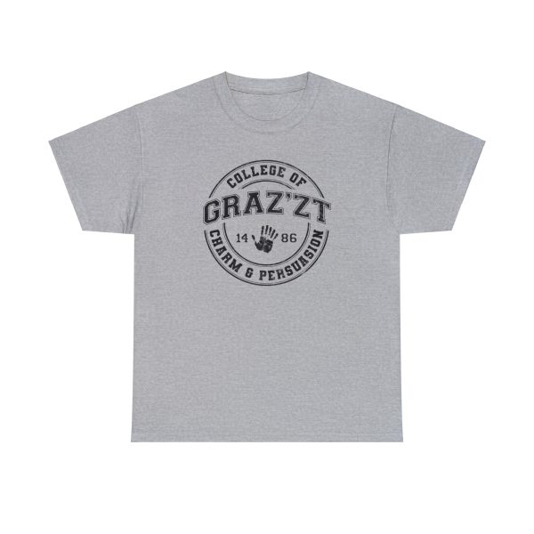A fun collegiate shirt for Grazzt's College of Charm and Persuation - Grazzt is a gorgeous demon lord that rule through charm and manipulation. This is a sport gray shirt