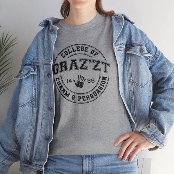 A fun collegiate shirt for Grazzt's College of Charm and Persuation - Grazzt is a gorgeous demon lord that rule through charm and manipulation; a famous DnD villain. This is a sport gray shirt worn by a woman under a jean jacket