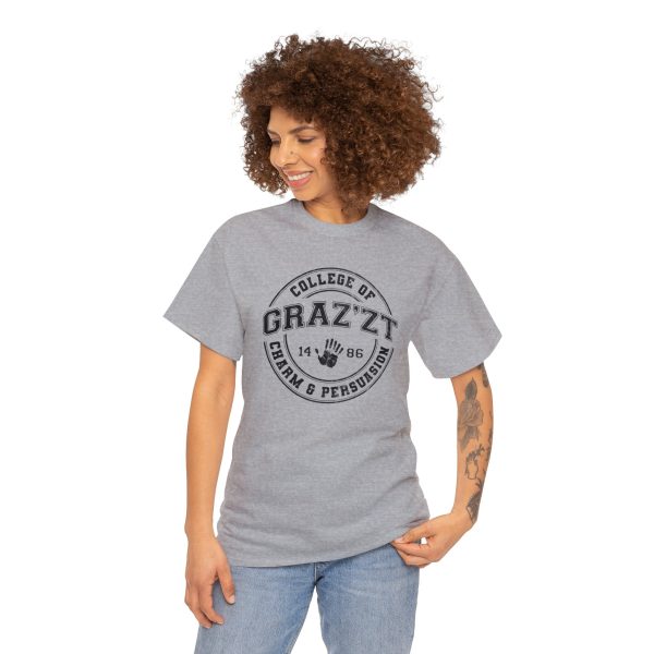 A fun collegiate shirt for Grazzt's College of Charm and Persuation - Grazzt is a gorgeous demon lord that rule through charm and manipulation; a famous DnD villain. This is a sport gray shirt worn by a woman
