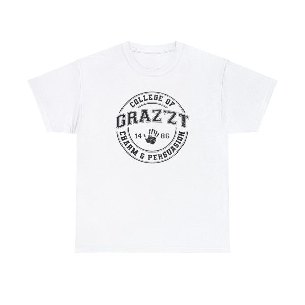 A fun collegiate shirt for Grazzt's College of Charm and Persuation - Grazzt is a gorgeous demon lord that rule through charm and manipulation. This is a sport white shirt