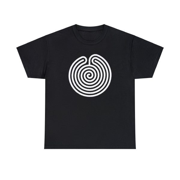 The symbol of Ubtao, a circular maze, on a black shirt. The Chult deity in DnD.