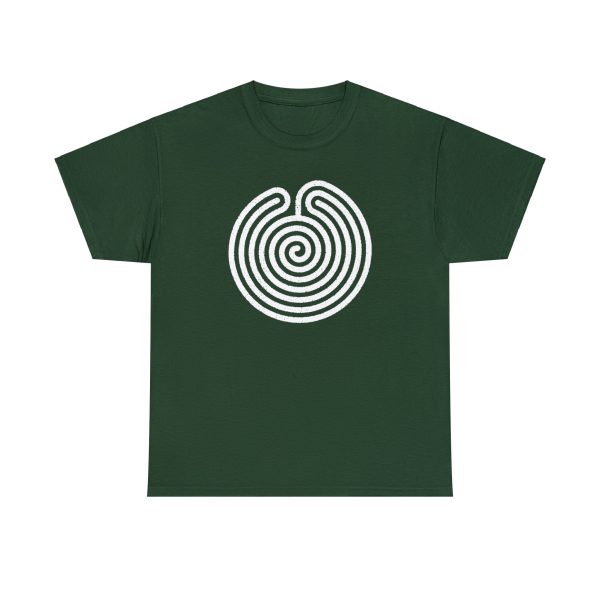The symbol of Ubtao, a circular maze, on a forest green shirt. The Chult deity in DnD.