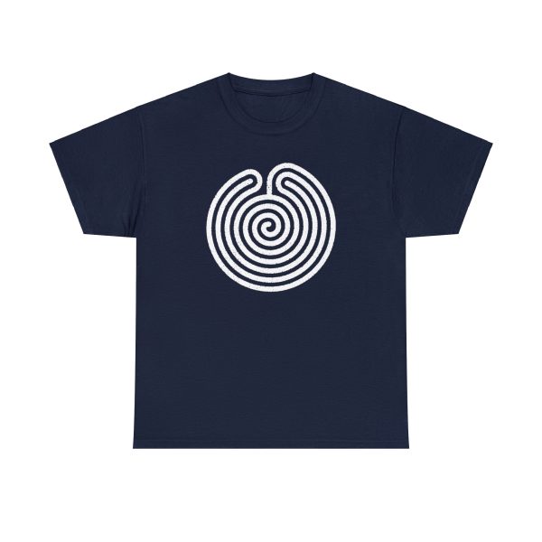 The symbol of Ubtao, a circular maze, on a navy blue shirt. The Chult deity in DnD.