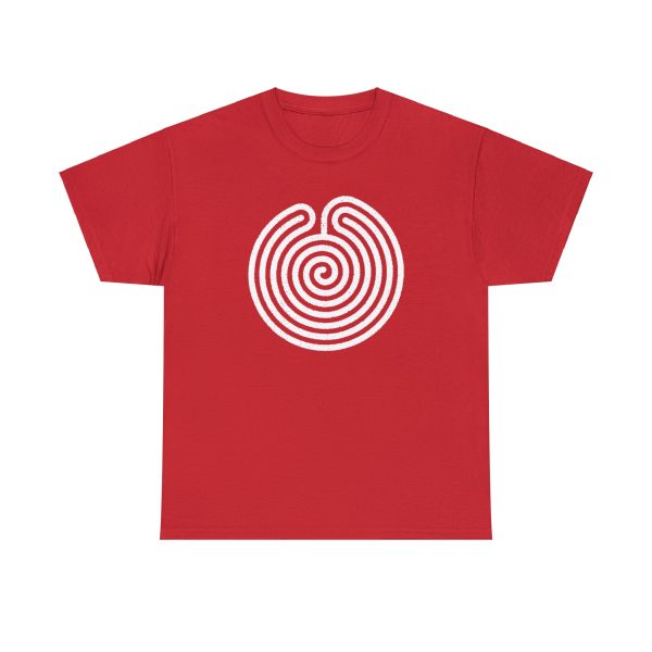 The symbol of Ubtao, a circular maze, on a red shirt. The Chult deity in DnD.