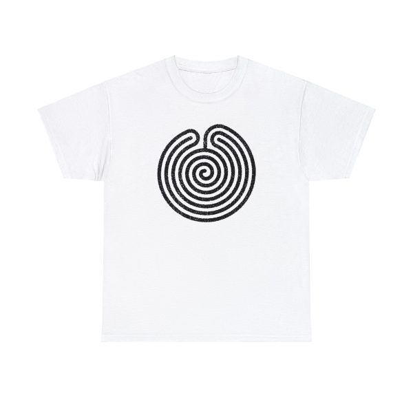 The symbol of Ubtao, a circular maze, on a white shirt. The Chult deity in DnD.