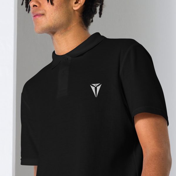 A black DnD polo shirt with the symbol of Asmodeus, Archdevil and the Prince of Hell. Worn by a man close up