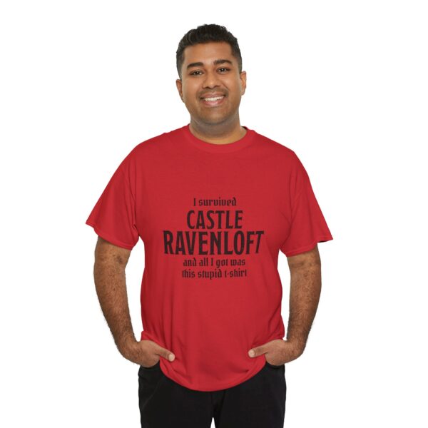 A red D&D shirt telling people that you survived castle ravenloft of the Curse of Strahd, worn by a man