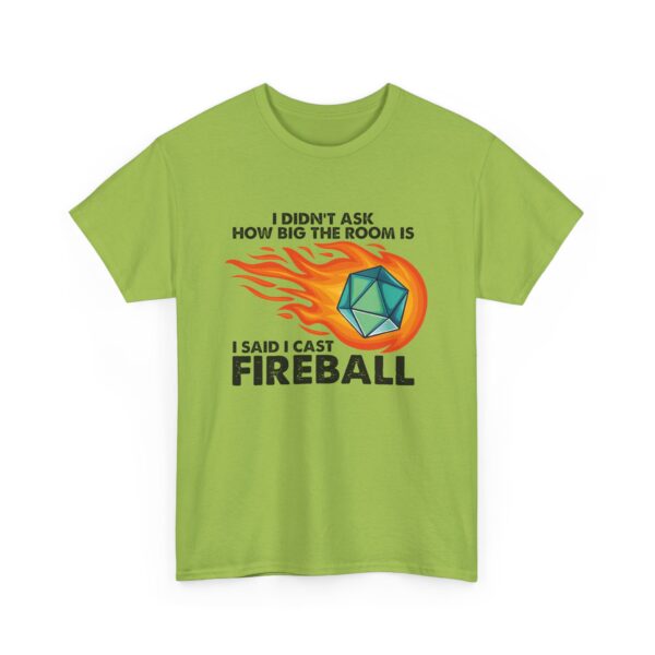 I didn't ask how big the room was. I said I cast Fireball. Kiwi Green Shirt