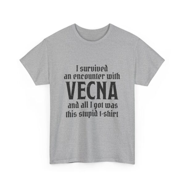 A sport gray D&D shirt telling people that you survived a D&D encounter with the powerful lich Vecna