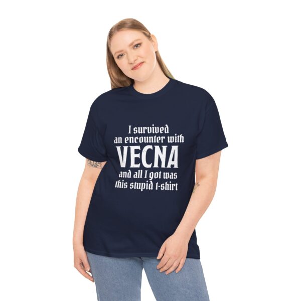 A navy blue D&D shirt telling people that you survived a D&D encounter with the powerful lich Vecna, worn by a woman