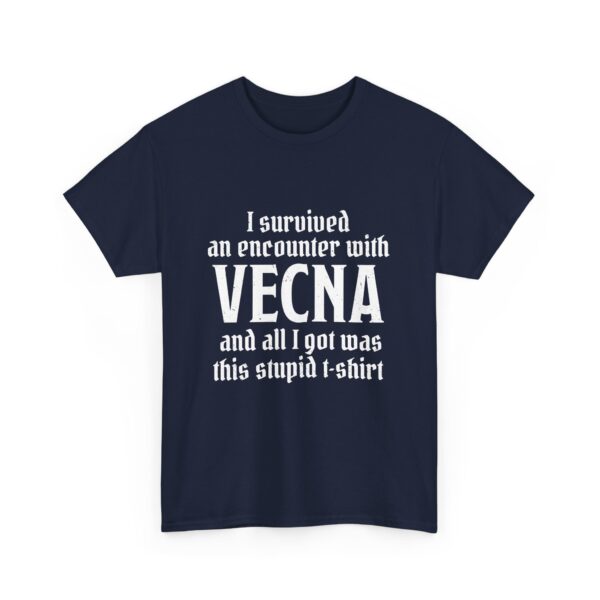 A navy blue D&D shirt telling people that you survived a D&D encounter with the powerful lich Vecna