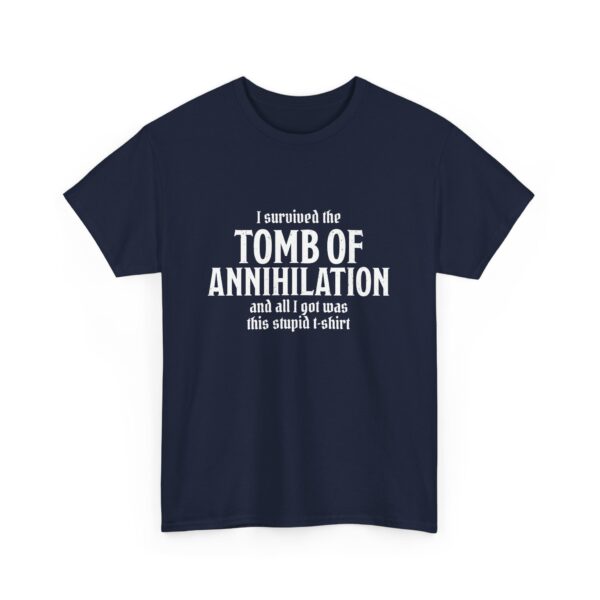 A navy blue D&D shirt telling people that you survived Acererak's Tomb of Annihilation