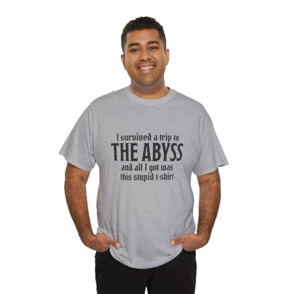 A sport gray D&D shirt telling people that you survived the Abyss, a demonic realm in D&D, worn by a man