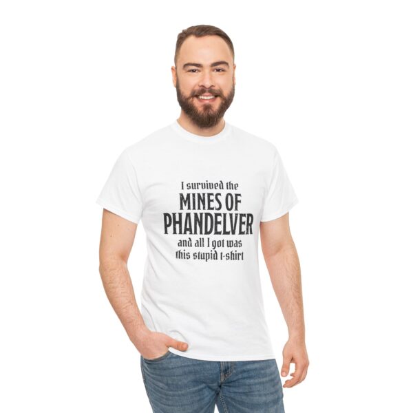 A white D&D shirt telling people that you survived the Mines of Phandelver, a D&D module, worn by a man