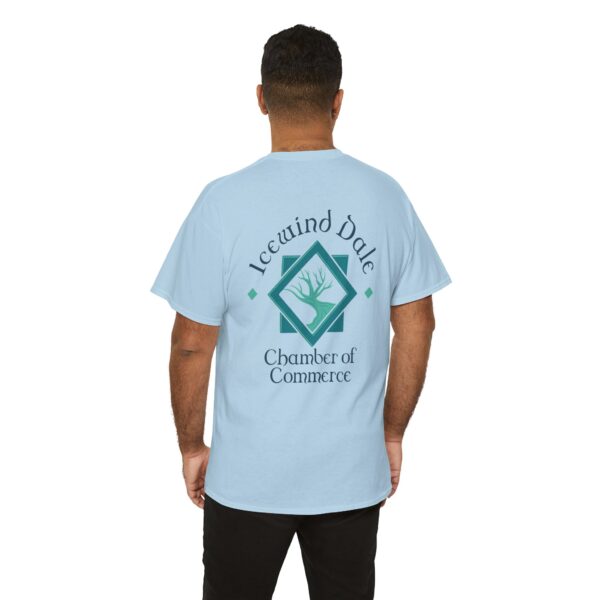 Icewind Dale Chamber of Commerce Shirt, Light Blue, back, on man