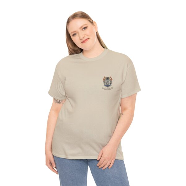 Baldur's Gate Chamber of Commerce Shirt - Sand shirt, front pocket, worn by woman