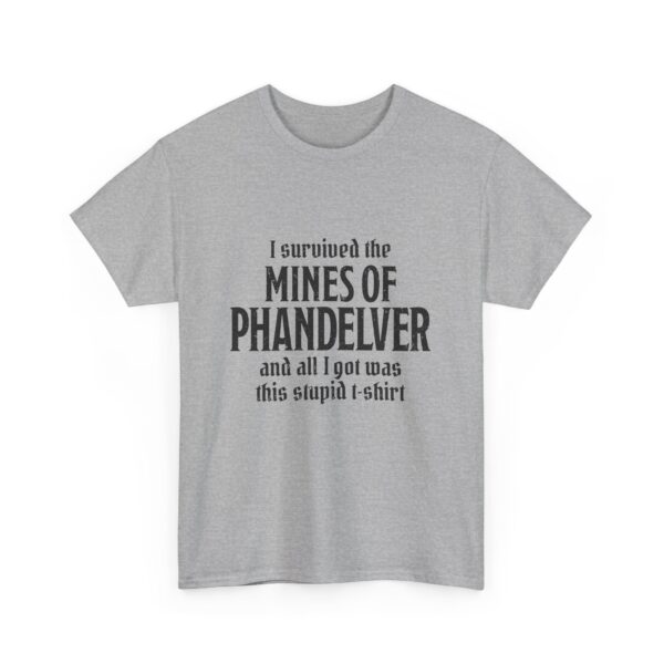 A sport gray D&D shirt telling people that you survived the Mines of Phandelver, a D&D module